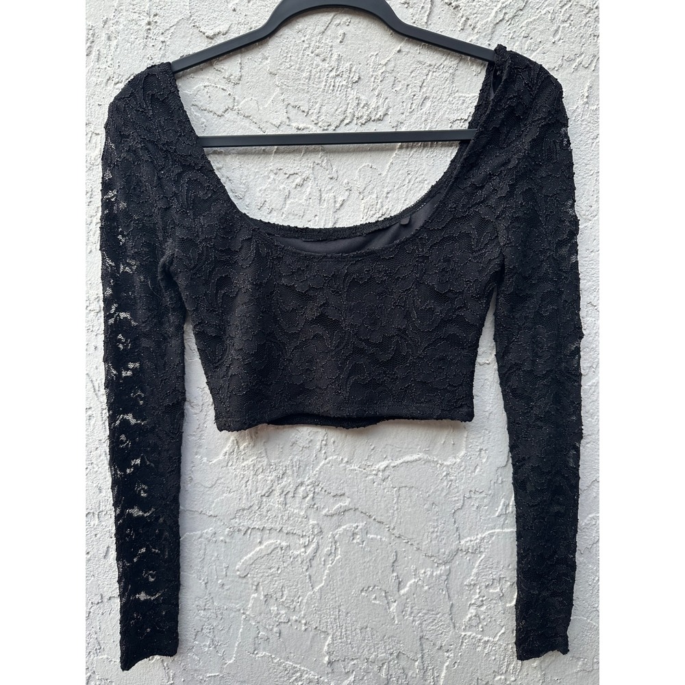 B. Darlin Y2K Black‎ Lace Long Sleeve Scoop Neck Crop Top Women 7/8 Sparkle - Picture 4 of 5